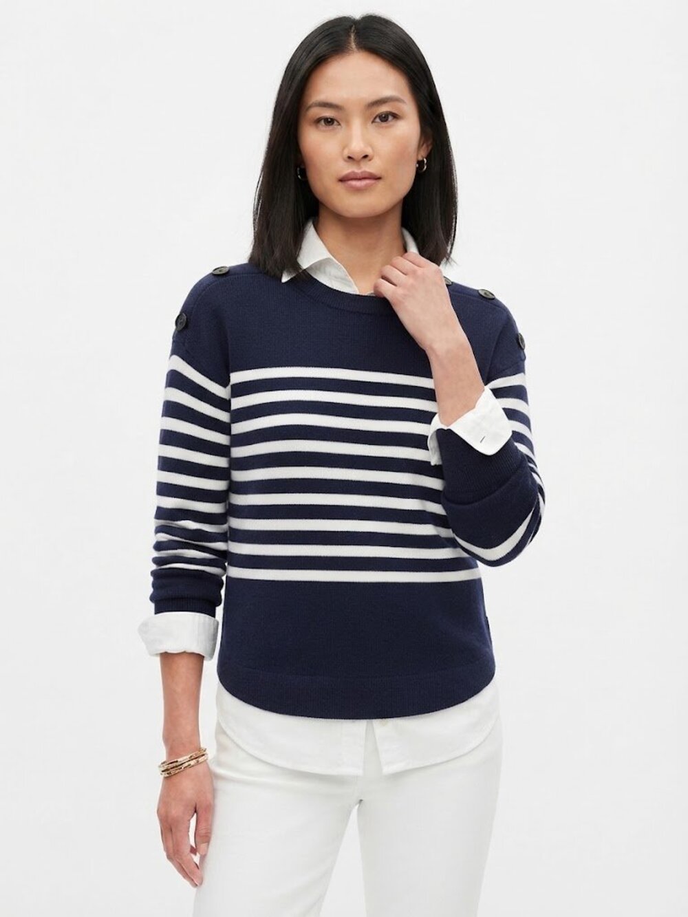 Gap Breton Nautical Striped Button Shoulder Sweater Navy White Size M